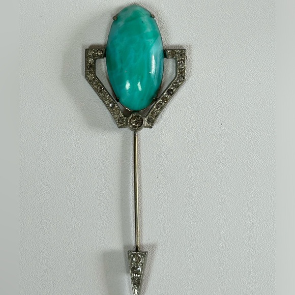 Beautiful Silver Tone Czech Green Peking Glass Art Deco Brooch Pin Paste - Picture 2 of 9